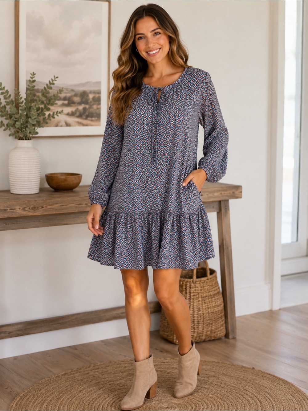 Cotton Bleu Boho Long-Sleeve Ruffle Hem Dress with pockets‎